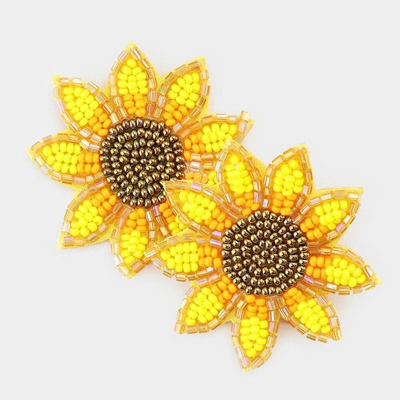 Sunflower Earrings Flower Seed Bead Dangle Floral Jewelry 2" Long YELLOW Post - Picture 1 of 1